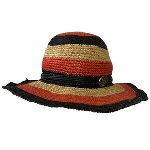 Harley-Davidson Orange and Black Stripe Raffia Sun Hat Sz S